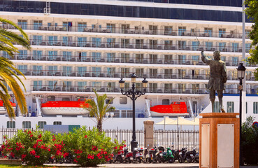 Huge ocean liner in the port of Cadiz on a sunny day.