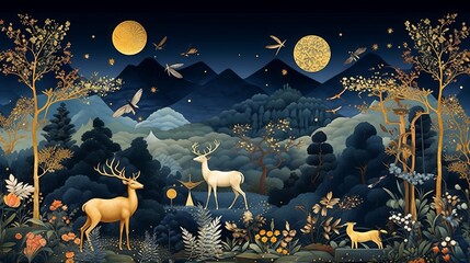 Fototapeta na wymiar Mystical Night: Dark Blue Mural Wallpaper with Deer and Birds
