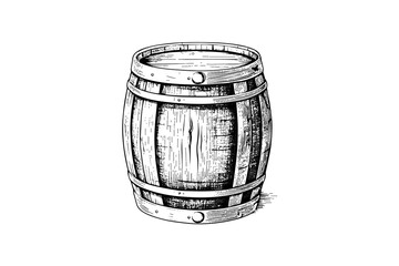Wood barrel. Hand drawn sketch engraving style vector illustrations