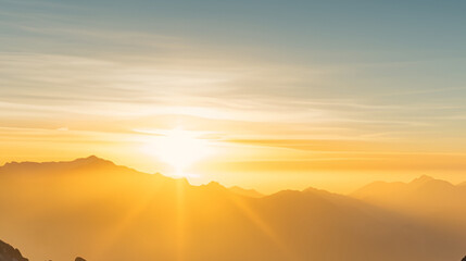Obraz premium Beautiful panorama of orange and yellow cloudscapes at sunrise/sunset on a blue sky. Generative AI. 