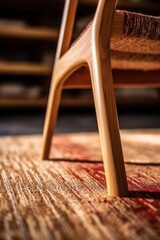 Details of chair leg with wooden finish. Details of armchair, modern minimalist furniture