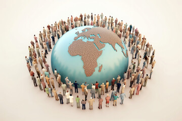 Group of people around planet Earth. Crowd of people standing tohether. Global communication. Created with Generative AI