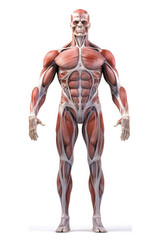 Anatomical model of human body with muscular and circulatory systems on white background. Created with Generative AI