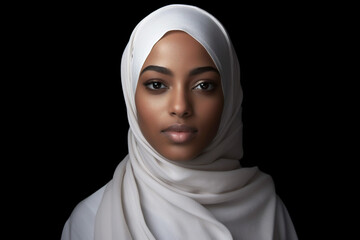 Portrait of african american beautiful woman with natural make-up, wearing white hijab whos. Generative Ai content
