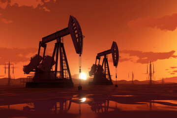 Silhouette of oil pumps at sunset. Pumping oil from drilling rigs. The concept of the energy crisis in the world. Oil production and fossil resources. Created with Generative AI