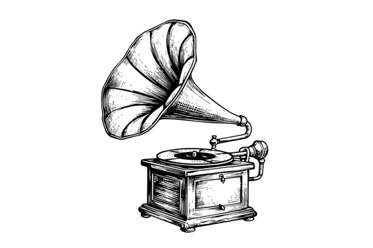 Naklejka Retro phonograph gramophone vintage engraved vector illustration. Sketch hand drawn art