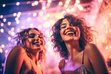 Two pretty girls dancing in a disco on a summer night