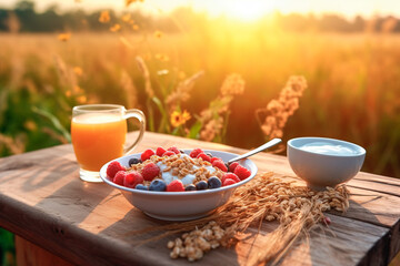 Natural and organic breakfast in a countryside - obrazy, fototapety, plakaty