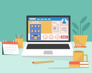 Concetto di ricerca alberghiera e prenotazione online su laptop - illustrazioni