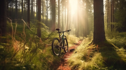 Fototapeta na wymiar a mountain bike in the forest at sunset. no people. Generative AI