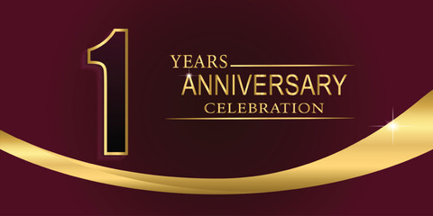 1st Year anniversary celebration background. Golden lettering and a gold ribbon on dark maroon background,vector design for celebration, invitation card, and greeting card.