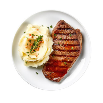 Delicious Steak and Mashed Potatoes Isolated on a Transparent Background. 