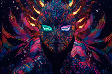 Colorful light behind the mask of reality. Generative AI