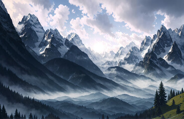 Artwork of a beautiful mountain landscape, Generative AI