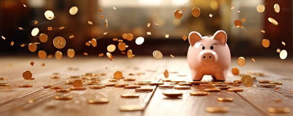 piggy bank falling coins onto the table Generative AI - obrazy, fototapety, plakaty