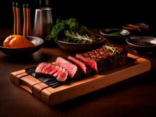 World best Wagyu A5 hot smoked beef steak studio professional food photo with decorations isolated