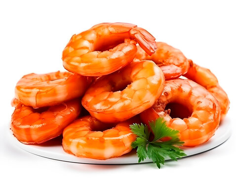 Close up photo of tasty juicy hot smoked shrimps isolated on white background