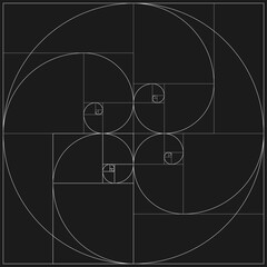 vector illustration of a golden ratio pattern in square isolate on black background. golden ratio logo design. spiral golden ratio vector icon.