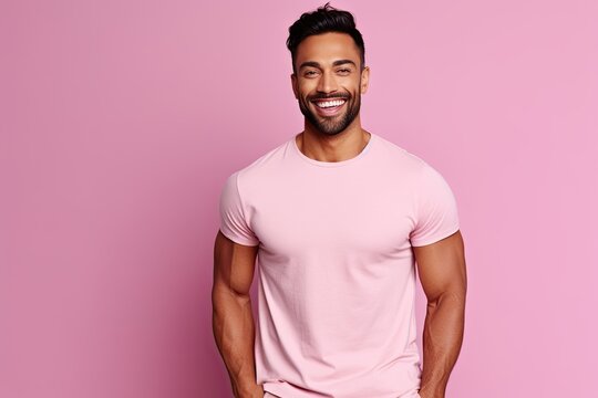 Photo realistic athletic Indian male model wearing a t-shirt pink background generative ai	