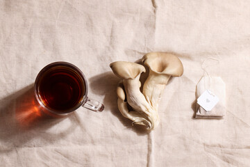 Natural medicine, reduce stress and improve immunity concept. Mushroom hot drink. Tea in glass mug with mushrooms on textile background. 