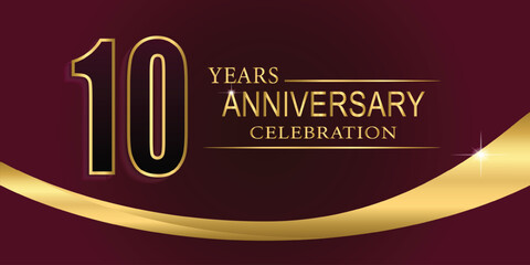 10th Year anniversary celebration background. Golden lettering and a gold ribbon on dark background,vector design for celebration, invitation card, and greeting card.