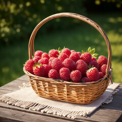 Fototapeta na wymiar Raspberries in wooden basket. Generative AI