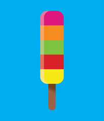 Color ice cream on blue background, flat vector illustration. Yummy ice Lolly, summer time concept. Rainbow Icecream icon,dessert illustration, vector sweet summer sign symbol.