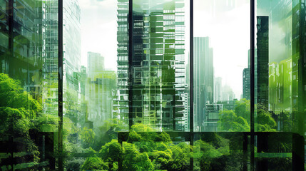Fototapeta na wymiar Dual exposure of windows in contemporary buildings. Generative ai