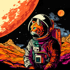 Ginger cat astranaut wearing spacesuit sits on a deserted planet over mountainous landscape, illustration in comic style