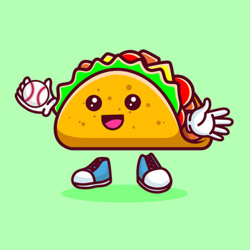 Vector illustration of kawaii taco cartoon character with baseball bat and ball. Vector eps 10