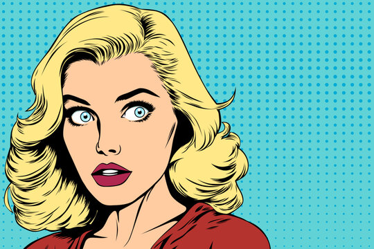 Surprised young beautiful blonde woman with wide open blue eyes, vector illustration in vintage pop art comic style