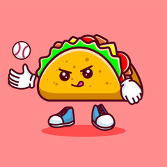 Vector illustration of kawaii taco cartoon character with baseball bat and ball. Vector eps 10