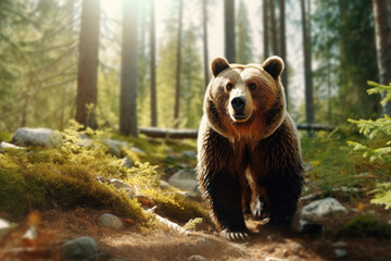Obraz premium Grizzly brown bear in forest