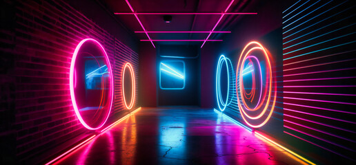 a hallway with neon lights and a circular arc