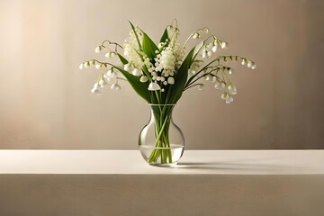 Lily of the Valley bouquet in a vase on a beige background, with a glass test tube vase as minimalist decor