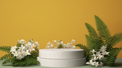 Fototapeta na wymiar Focus round wooden podium set in focus white flowers for displaying products and yellow background.