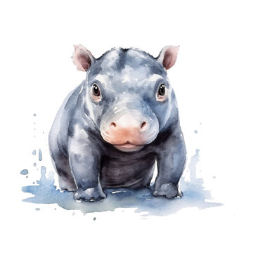 portrait little cute hippo baby in watercolor isolated against transparent background