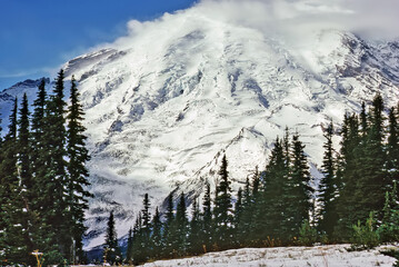 Mt.Rainier in spring still covered with snow, Washington