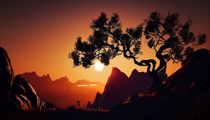 Sunset in the mountains, Mountains at sunset with tree silhouettes, Generative AI