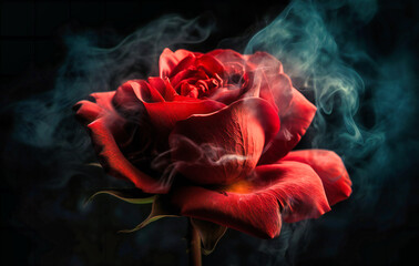the beautiful red rose with smoke and smoke
