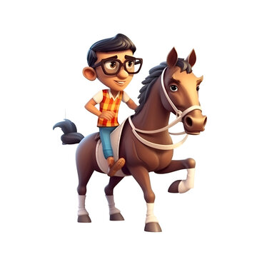 Boy riding a horse on a white background. 3d rendering.