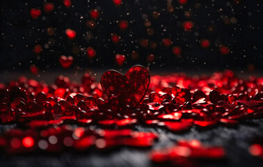 red glitter hearts on a black background
