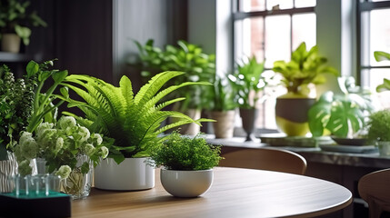 Fototapeta na wymiar Green plants on kitchen table. Generative ai