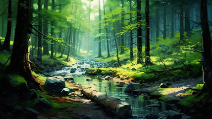 Beautiful rays of sunlight in a green forest. Generative ai
