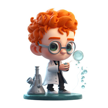 3D Render of an orange hair boy scientist with a lab flask