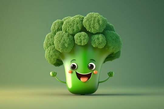 Cute green broccoli 3d cartoon character. Healthy broccoli vegetable with eyes and smile. Funny mascot on flat green background, text space. Generative AI 3d render illustration imitation.