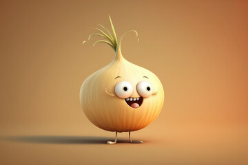 Cute white onion 3d cartoon character. Ripe onion vegetable with big eyes and green sprout. Funny mascot on flat background, text space. Generative AI 3d render illustration imitation.
