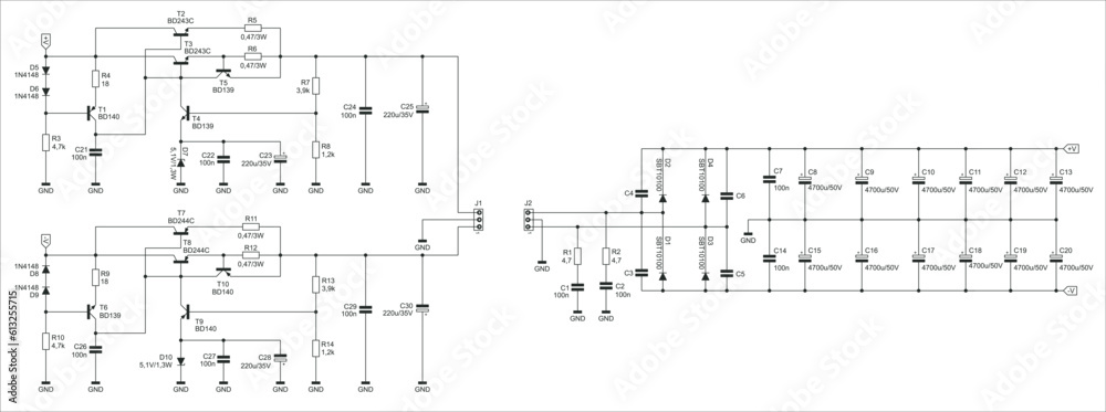 Wall mural Engineer scheme of electronic device. 
Vector drawing electrical circuit with 
resistor, capacitor, diode, transistor 
and other components.
Schematic background on white paper sheet. 