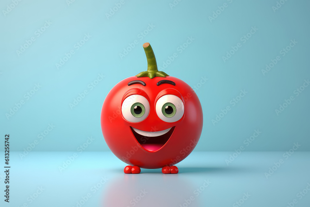 Wall mural cute red tomato 3d cartoon character. ripe tomato vegetable with eyes. funny mascot on flat backgrou