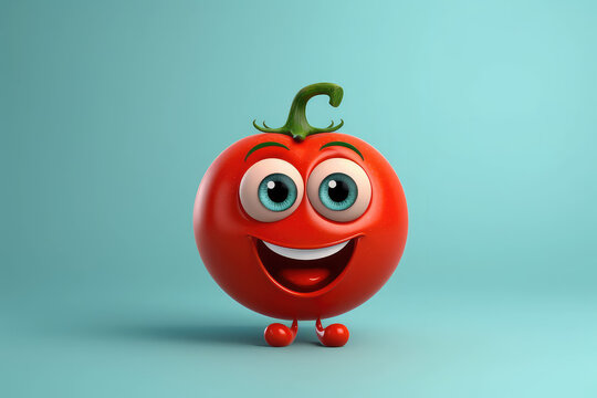 Cute red tomato 3d cartoon character. Ripe tomato vegetable with eyes. Funny mascot on flat background, text space. Generative AI 3d render illustration imitation.